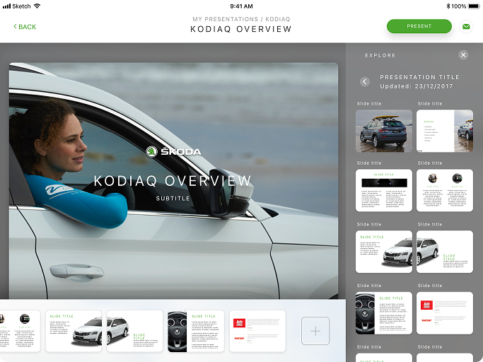 Presentation slide titled 'Kodiaq Overview' showing a woman in a blue sleeve leaning out of the driver's side window of a white Škoda Kodiaq car, with a blurred outdoor background. The interface includes thumbnails of other slides below and on the right, featuring images and text placeholders, a green Present button on top right, and a back button on the top left.