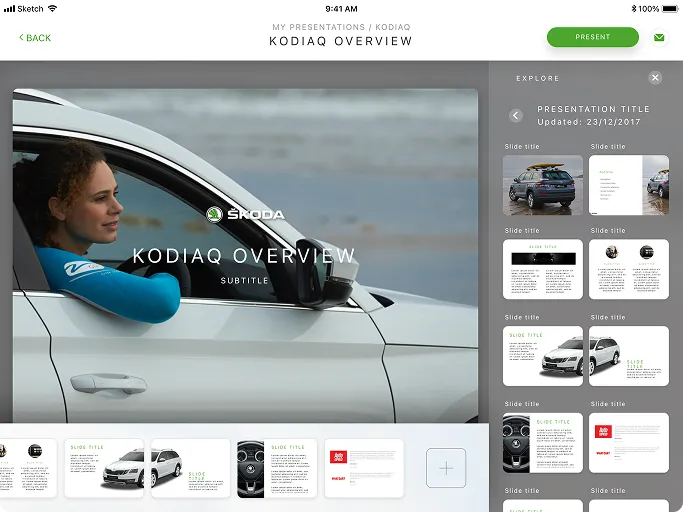 Presentation slide titled 'Kodiaq Overview' showing a woman in a blue sleeve leaning out of the driver's side window of a white Škoda Kodiaq car, with a blurred outdoor background. The interface includes thumbnails of other slides below and on the right, featuring images and text placeholders, a green Present button on top right, and a back button on the top left.