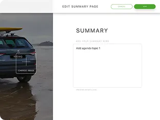 Screenshot of an online summary editing page with a text box containing 'Add agenda topic 1' and a background image showing a vehicle on a wet surface near a body of water.