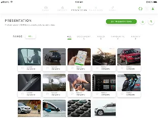 Screenshot of a presentation webpage with a selection of 12 images showing various scenes including people working on laptops, a car, a person holding a smartphone, a handshake, a motorcycle, a person driving, camera equipment, a car tire, and a white car, with a green 'Buy Presentation' button at the top right.