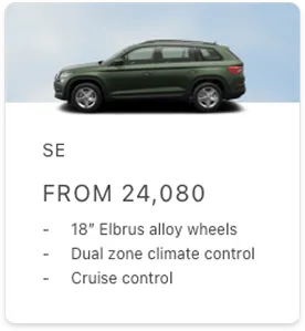 Green SUV side view above text listing SE trim features: starting price 24,080, 18-inch Elbrus alloy wheels, dual zone climate control, and cruise control.