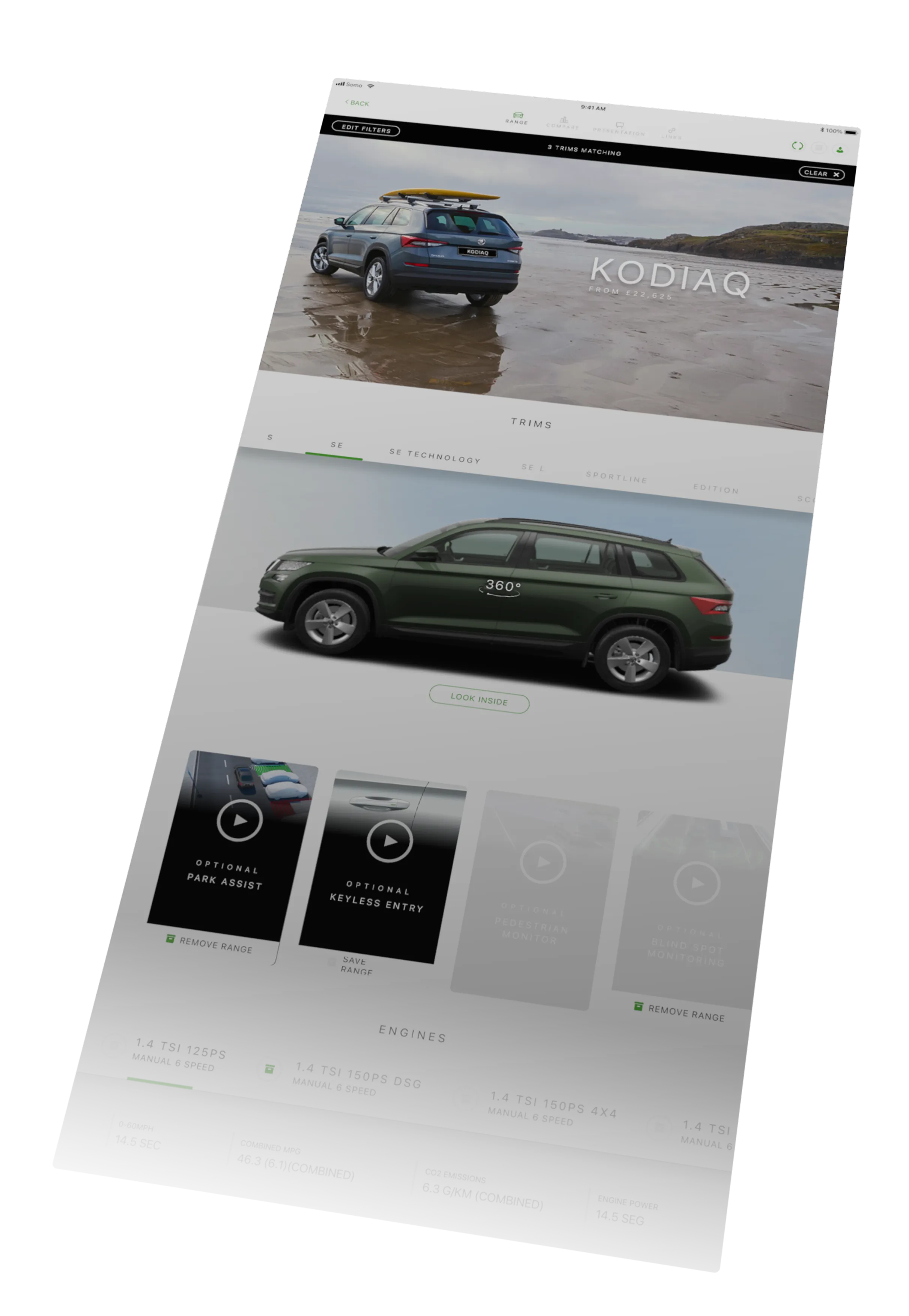 Car configuration webpage showing a Škoda Kodiaq SUV on a beach with a yellow surfboard on the roof, and a dark green SUV profile for 360-degree view below. Options for trims and optional features like park assist and keyless entry are shown, with engine specs at the bottom including 1.4 TSI engines, 0-60 mph in 14.5 sec, combined 46.3 mpg, and CO2 emissions of 6.3 g/km.