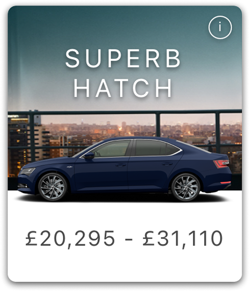 Side view of a dark blue Superb Hatch car with city skyline in the background and price range £20,295 - £31,110 displayed below.