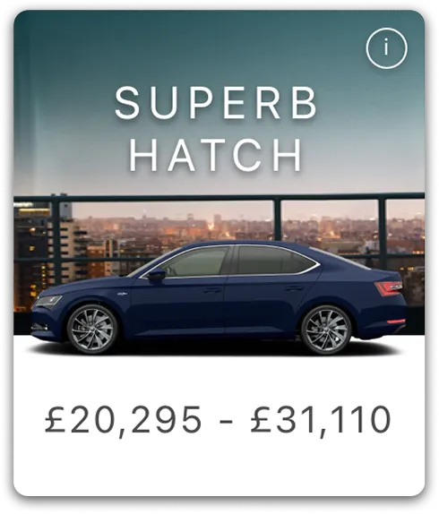 Side view of a dark blue Superb Hatch car with city skyline in the background and price range £20,295 - £31,110 displayed below.