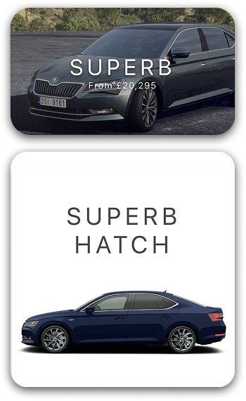 Top image of a dark gray Škoda Superb car parked outdoors with text 'SUPERB From £20,295'; bottom image of a dark blue Škoda Superb Hatch side view with text 'SUPERB HATCH'.