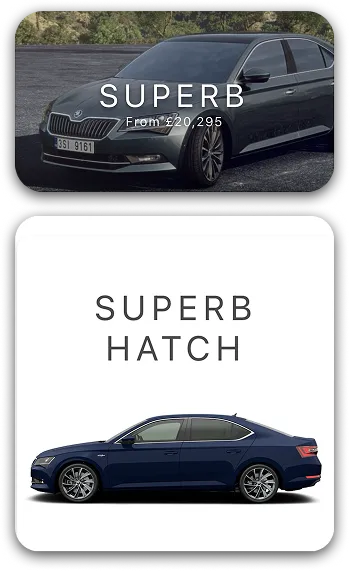 Top image of a dark gray Škoda Superb car parked outdoors with text 'SUPERB From £20,295'; bottom image of a dark blue Škoda Superb Hatch side view with text 'SUPERB HATCH'.