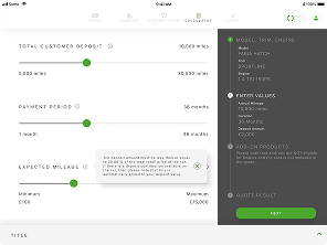 Financial calculator interface showing adjustable sliders for total customer deposit from 5,000 to 20,000 miles, payment period of 36 months, and expected mileage from 10,000 to 15,000 miles, with a highlighted note about mileage exceeding limits. Options on the right include model trim, engine, extra values, add-on products, and a green next button to get the quote result.