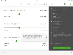 Financial calculator interface showing adjustable sliders for total customer deposit from 5,000 to 20,000 miles, payment period of 36 months, and expected mileage from 10,000 to 15,000 miles, with a highlighted note about mileage exceeding limits. Options on the right include model trim, engine, extra values, add-on products, and a green next button to get the quote result.