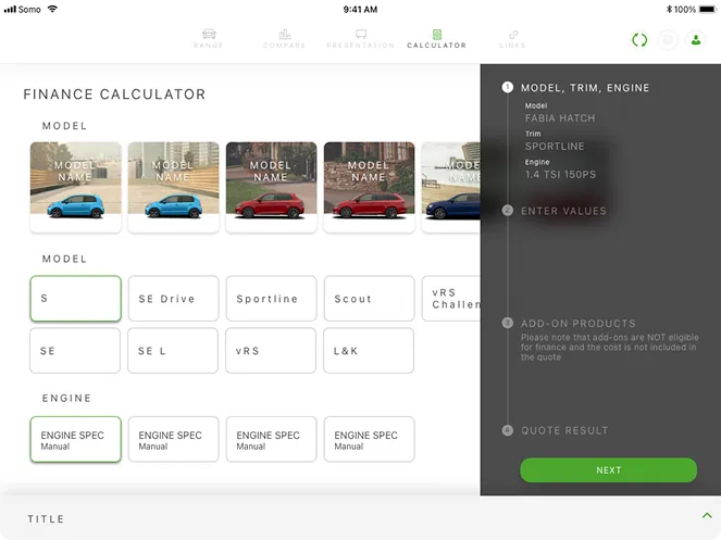 Digital finance calculator interface showing car model selection with various hatchback options, engine specs, and a summary panel for model Fabia Hatch, Sportline trim, 1.4 TSI 150PS engine, with navigation steps from model selection to quote result and a green Next button.