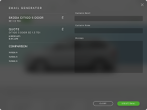 Email generator interface displaying vehicle details with columns for Skoda Citigo S Door SE 1.5 TDI and Quote details; input fields for customer email, customer name, and message; buttons labeled 'Close' and 'Create Email'.
