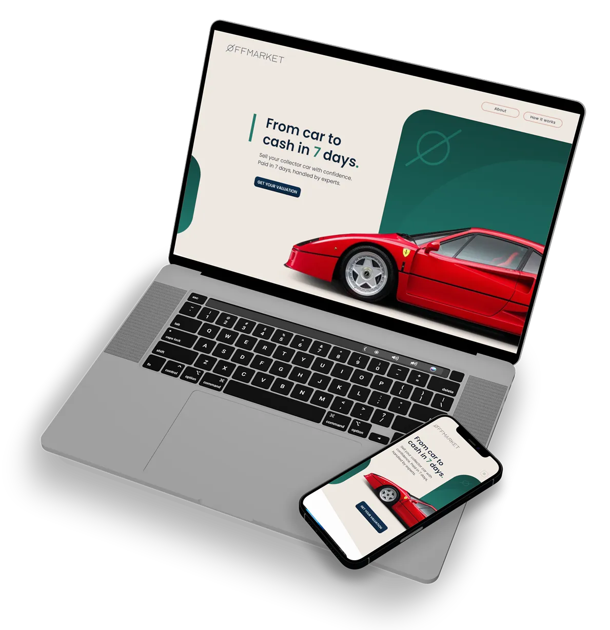 A silver laptop and smartphone displaying a website with the headline 'From car to cash in 7 days,' promoting car selling and valuation services, featuring a red sports car image.