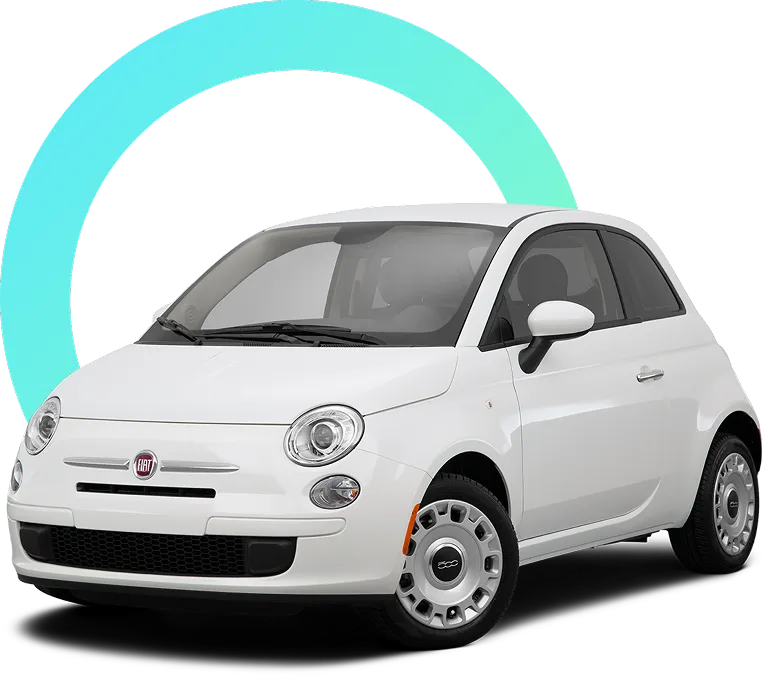 White compact two-door Fiat 500 car viewed from the front-left side, with a light blue circular graphic in the background.