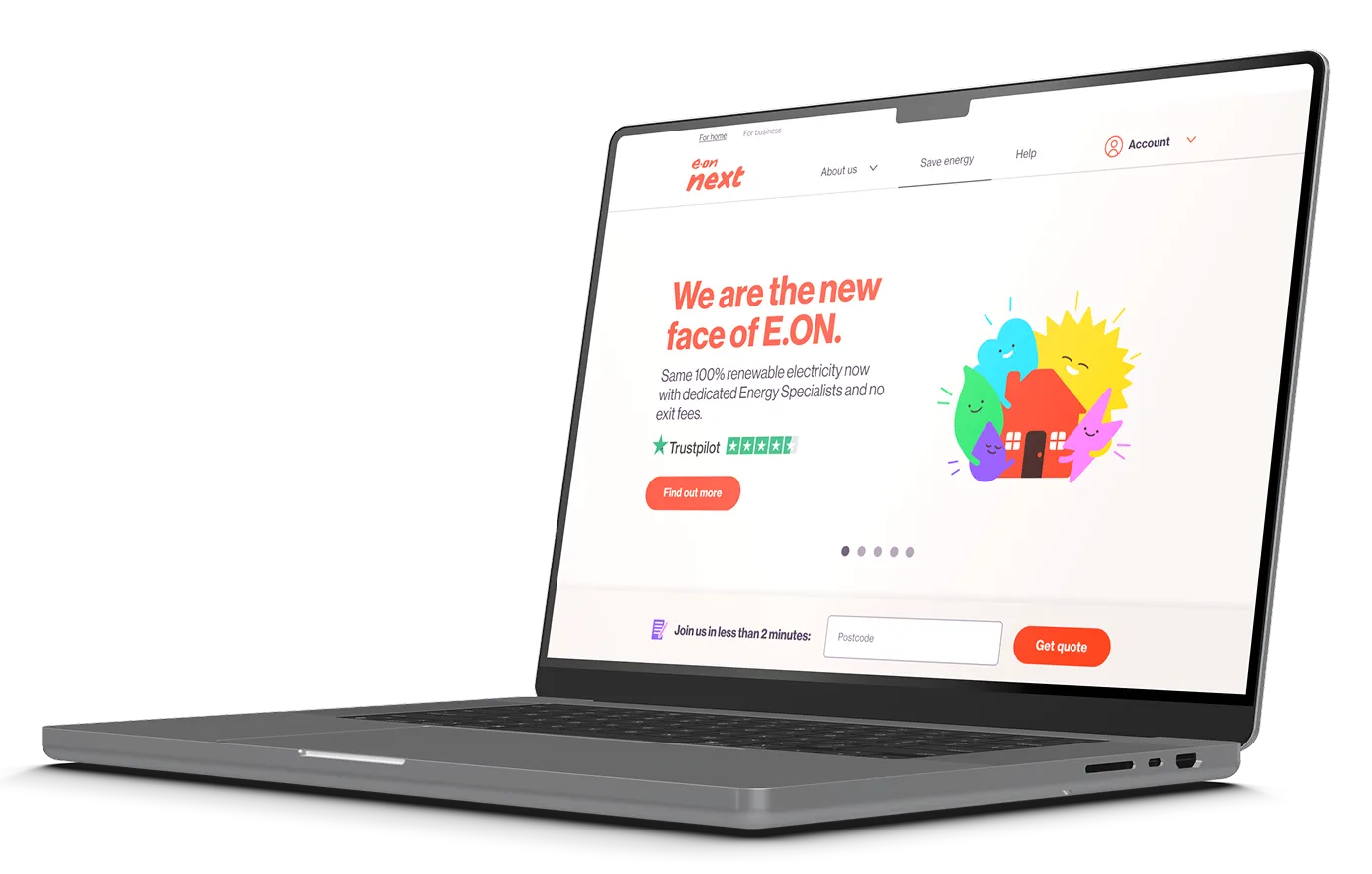 Laptop screen showing E.ON Next website homepage with the text 'We are the new face of E.ON' and options for finding quotes with postcode input.