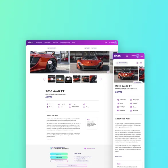 Screenshot showing a car listing for a 2016 Audi TT on both desktop and mobile views of the cinch website, highlighting vehicle photos, price £6,995, specs like automatic transmission and body style, and an 'About this Audi' description.