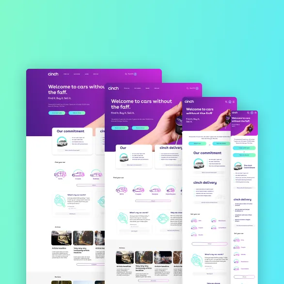 Responsive website layout for car selling platform Cinch showing different screen sizes from desktop to mobile, featuring a purple header with the text 'Welcome to cars without the faff.', buttons, icons of car types, sections for commitments, delivery, and articles with images.