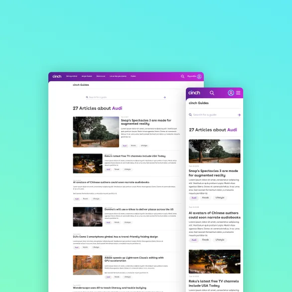Webpage displaying a Cinch Guides interface with a list of 27 articles about Audi, including titles and thumbnail images, shown on both desktop and mobile screens against a turquoise background.
