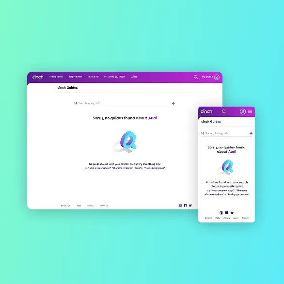 Screenshots of the cinch Guides webpage on desktop and mobile showing a search result with no guides found about Audi, including a search bar and a colorful stylized letter Q graphic.