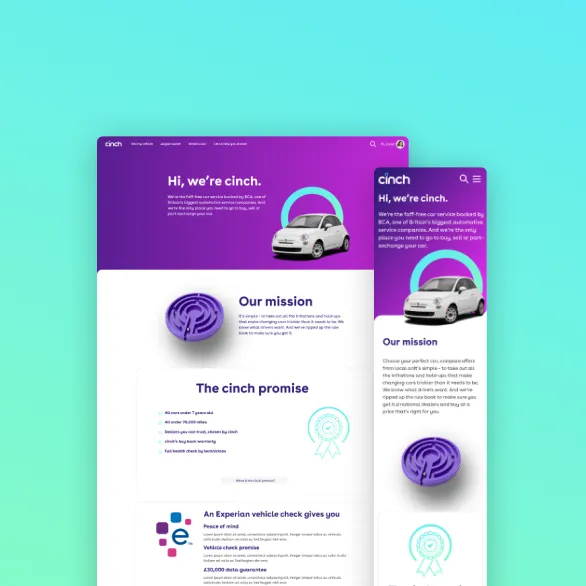 Webpage screenshots showing cinch car service website on desktop and mobile screens with a purple header, a white compact car image, sections titled 'Our mission' and 'The cinch promise,' and icons including a purple maze and a badge symbol.