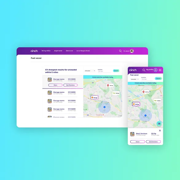 Digital interface showing a fuel saver feature on desktop and mobile. Both display a map with nearby fuel stations and a list of garage names with fuel prices and options to share or get directions.