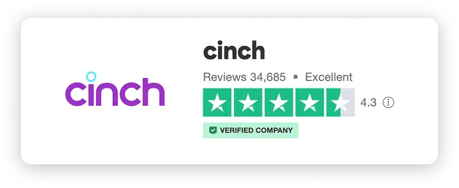 Cinch company logo with a Trustpilot rating of 4.3 out of 5 stars based on 34,685 reviews, marked as an excellent and verified company.