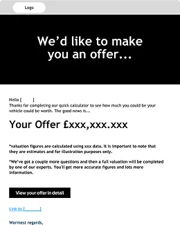 A webpage showing a vehicle offer with the text 'We'd like to make you an offer,' followed by a placeholder for a personalized offer amount and a button labeled 'View your offer in detail.' The page includes a brief message thanking the user for completing a calculator, explaining that valuation figures are estimates, and mentioning a future full valuation with a representative.