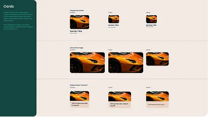 A design system interface showing different card styles with a sports car image in various sizes and layouts, including regular, radius, and classic card examples arranged in three rows with labels.