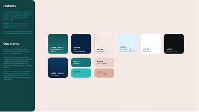 Color palette chart on light beige background showing blocks of colors with their hex codes and names, including dark green, navy blue, teal, off-white, light blue, and black, arranged horizontally with a green sidebar on the left explaining Colors and Gradients in white text.
