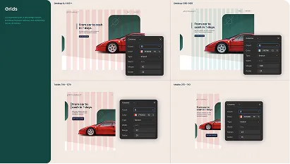 Four grid layout examples featuring a red sports car image and a small dark overlay box displaying CSS grid properties such as column, row, and area. Each layout differs in grid-template-columns or rows settings, demonstrating grid area placement and spacing with labels like 'From car to coach in 87 days.'