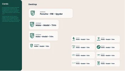 UI design mockup of cards displaying vehicle information for desktop and mobile views, featuring placeholders for date, make, model, and trim with a Porsche 918 Spyder example, all on a green and beige background.