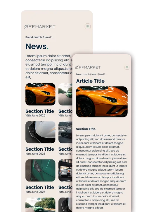 Two overlapping mobile screen designs for an Offmarket website featuring news and articles sections, with images of cars, section titles, dates, and placeholder text.