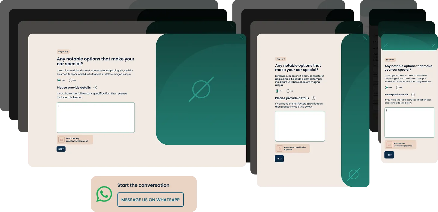 Digital form step titled 'Any notable options that make your car special?' with Yes/No radio buttons, a details text box, an option to attach factory specification, and a Next button, shown in desktop, tablet, and mobile layouts, with a WhatsApp message button labeled 'Start the conversation' below.