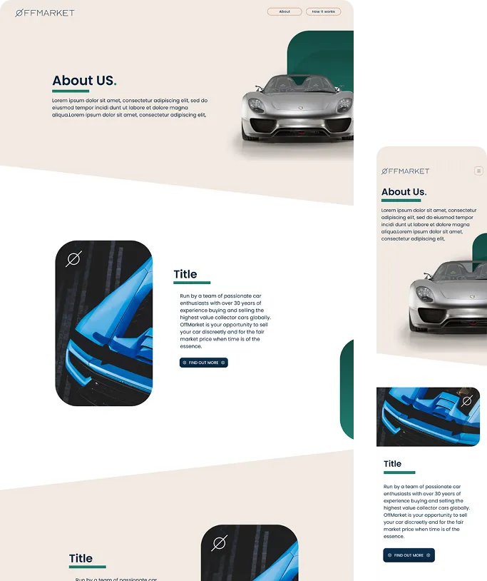 Website About Us page for OffMarket featuring images of luxury sports cars, including a silver car front view at the top and partial blue car images lower on the page with text sections describing the company's experience in buying and selling high-value collector cars globally and emphasizing discreet and fair market pricing.