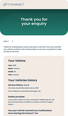 OffMarket message thanking the user for their enquiry, showing vehicle details for a 2015 Porsche 911 Carrera with a good service history since 2019, noting ownership and accident history, and asking about modifications since leaving the factory.