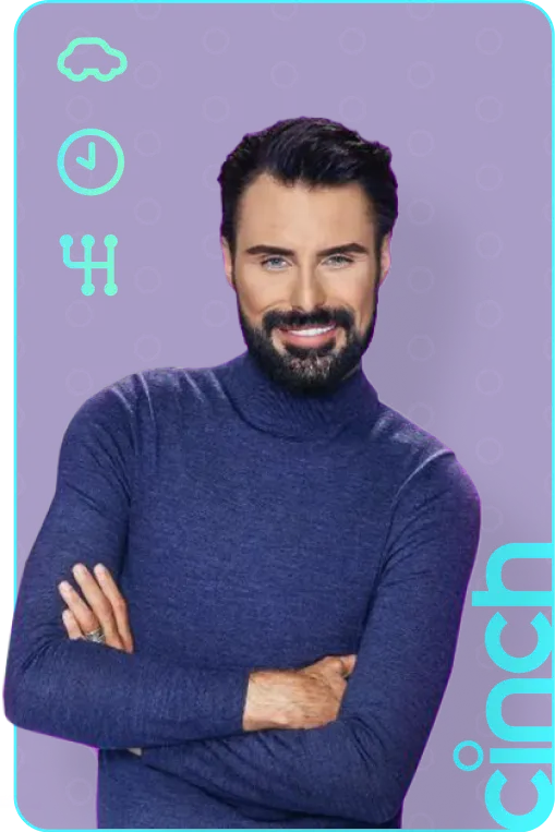 Man with dark hair and beard wearing a blue turtleneck sweater, smiling with arms crossed, set against a purple background with car-related icons and the partial word "cinch" vertically on the right side.