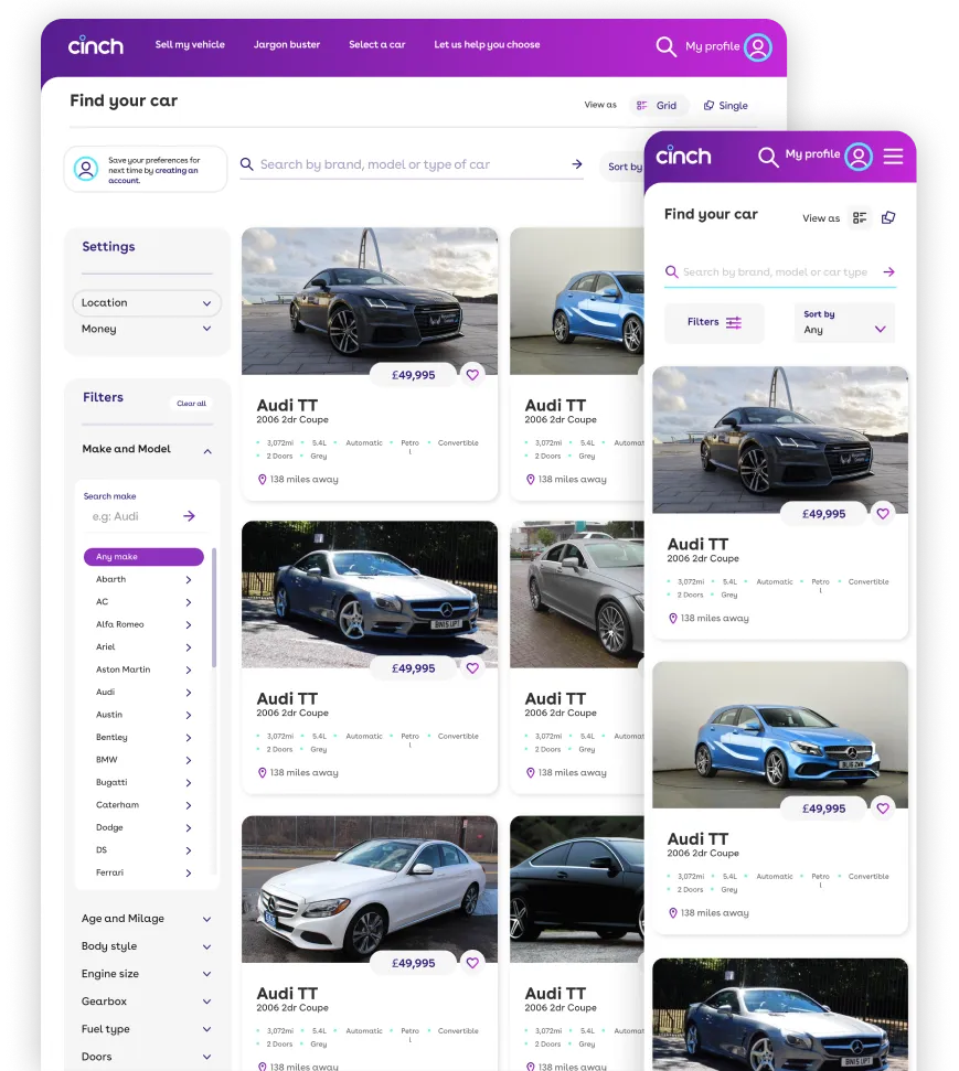 User interface of a car search website 'cinch' showing listings of Audi TT 2006 2-door coupe cars for sale, each priced at £49,995, with details like mileage (3,072mi), engine size (5.4L), transmission (automatic), fuel type (petrol), convertible option, color (grey), and distance (138 miles away). Filters for location, money, make and model, age and mileage, body style, engine size, gearbox, fuel type, and doors are visible, alongside view options for grid or single layout. The mobile and desktop versions of the site interface are shown.