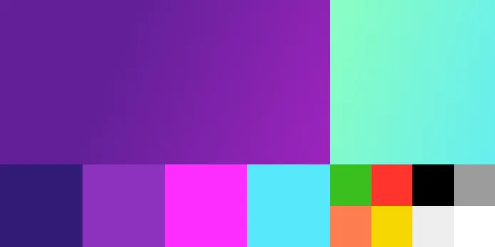 A color palette showing 12 solid color blocks arranged in two rows, featuring shades of purple, pink, cyan, green, red, black, gray, orange, yellow, and white.