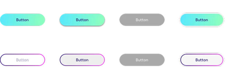 Two rows of button designs labeled 'Button' in blue or gray colors: top row has solid rounded rectangles with different cyan gradients and gray style; bottom row has outlined rounded rectangles with dark purple, white, and gray color variations.
