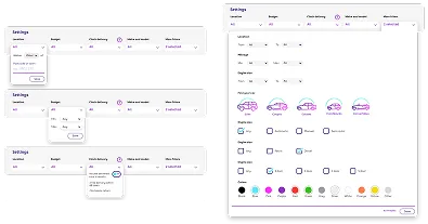 Four screenshots of a settings interface for filters, showing options to select date ranges, query types, and filter criteria including checkboxes and color selectors, arranged with smaller windows on the left and a full settings panel on the right with sections for date range, query type, and attributes with color dots and checkboxes.