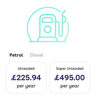 A fuel pump icon above two price categories for petrol: Unleaded costing £225.94 per year and Super Unleaded costing £495.00 per year.
