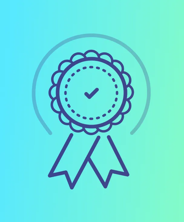 Illustration of a blue award ribbon with scalloped edges and a checkmark in the center on a gradient blue background.