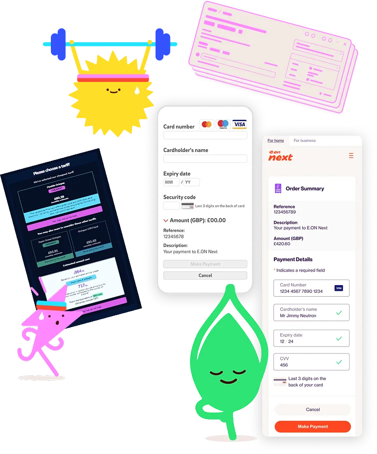 Illustration showing two happy cartoon characters exercising: a yellow spiky sun lifting a blue barbell with sweat, and a green drop-shaped figure meditating. There are also three smartphone screens showing payment-related interfaces, including form fields for card number, cardholder name, expiry date, CVV, order summary, and buttons for making or canceling payments.