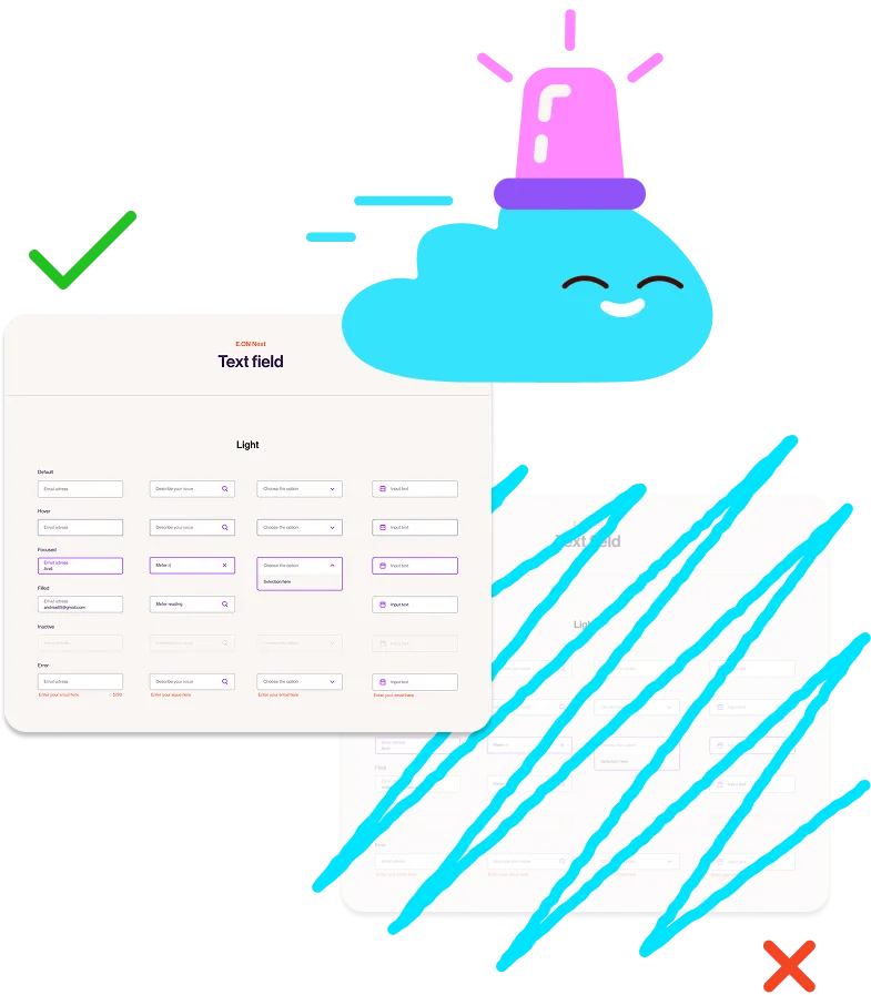 Illustration showing a blue cloud character with a pink siren on its head, smiling. The cloud is positioned between two UI designs of text fields: the left design is clear and marked with a green check, while the right design is crossed out in blue and marked with a red X, indicating the left design is preferred.