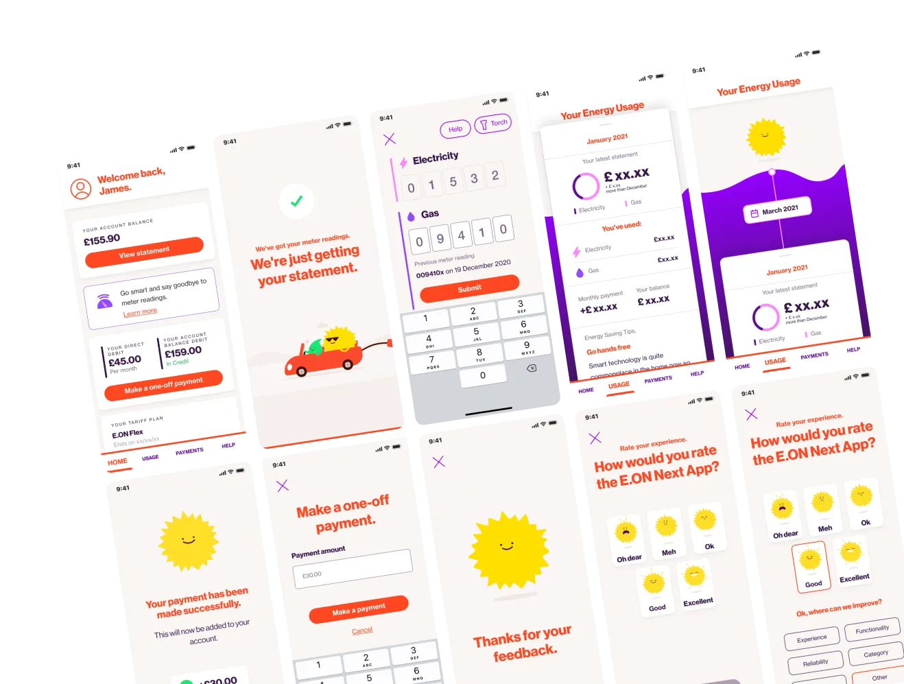 Series of smartphone screens showing the E.ON Next mobile app user interface, including account balance display, meter reading input for electricity and gas, energy usage summaries for January and March 2021, one-off payment form, payment success confirmation, and user rating prompts with smiley sun icons representing satisfaction levels.