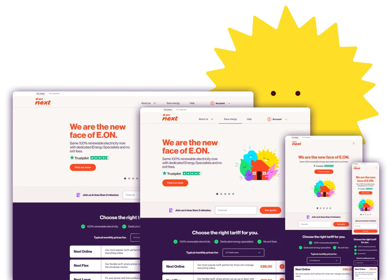 Website homepage mockups for E.ON next displayed in desktop, tablet, and mobile views, showing headline 'We are the new face of E.ON.' with text about 100% renewable electricity and dedicated energy specialists, accompanied by colorful cheerful sun and cloud illustrations.