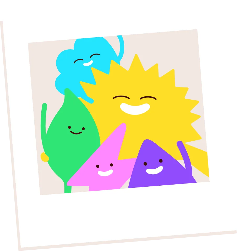 Illustration of five colorful cartoon shapes with smiling faces grouped together like a cheerful selfie, including a yellow sun with rays, a green leaf, a blue cloud, a pink triangle, and a purple triangle.