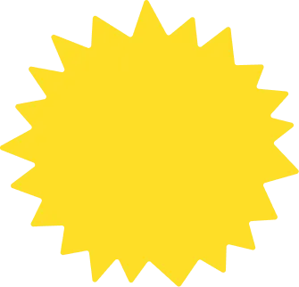 Bright yellow, stylized sun with sharp triangular rays radiating evenly around a circular center.