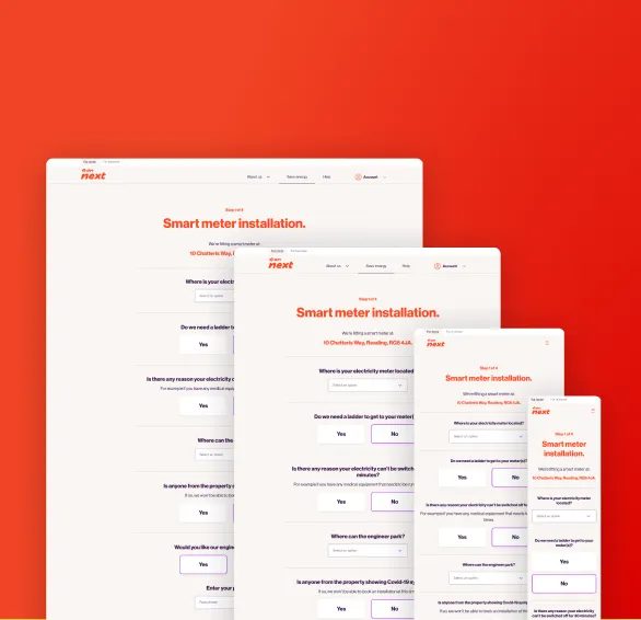 Four overlapping screenshots of a smart meter installation webpage displayed on different devices, showing the same form with questions about electricity meter location, need for a ladder, and property access, against a red gradient background.