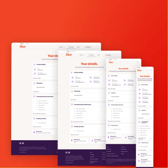 Four overlapping responsive web page layouts of a user details form displayed on screens of different sizes against a red background, showing sections for contact details, password, communication preferences, and priority services.