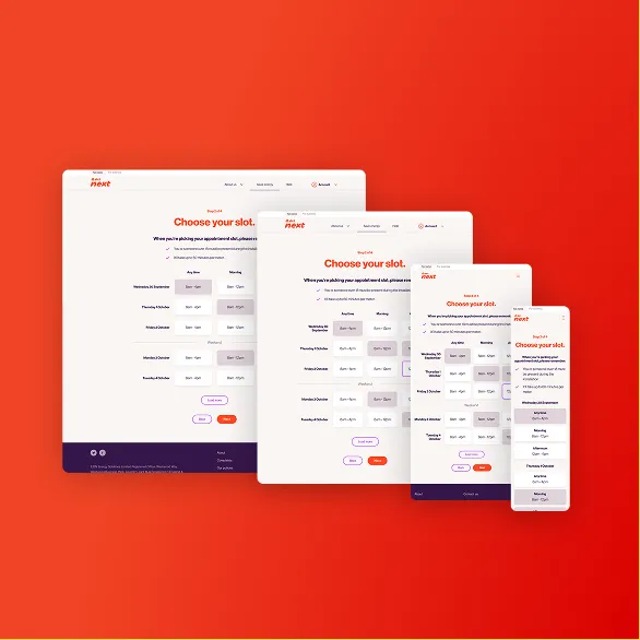 User interface design for an appointment booking system showing a 'Choose your slot' page displayed on four devices of different sizes: desktop, tablet, small tablet, and smartphone, all on an orange background.