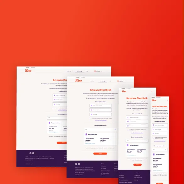 Four overlapping screenshots of a website's Direct Debit setup page in desktop and mobile views, displayed against a red gradient background.